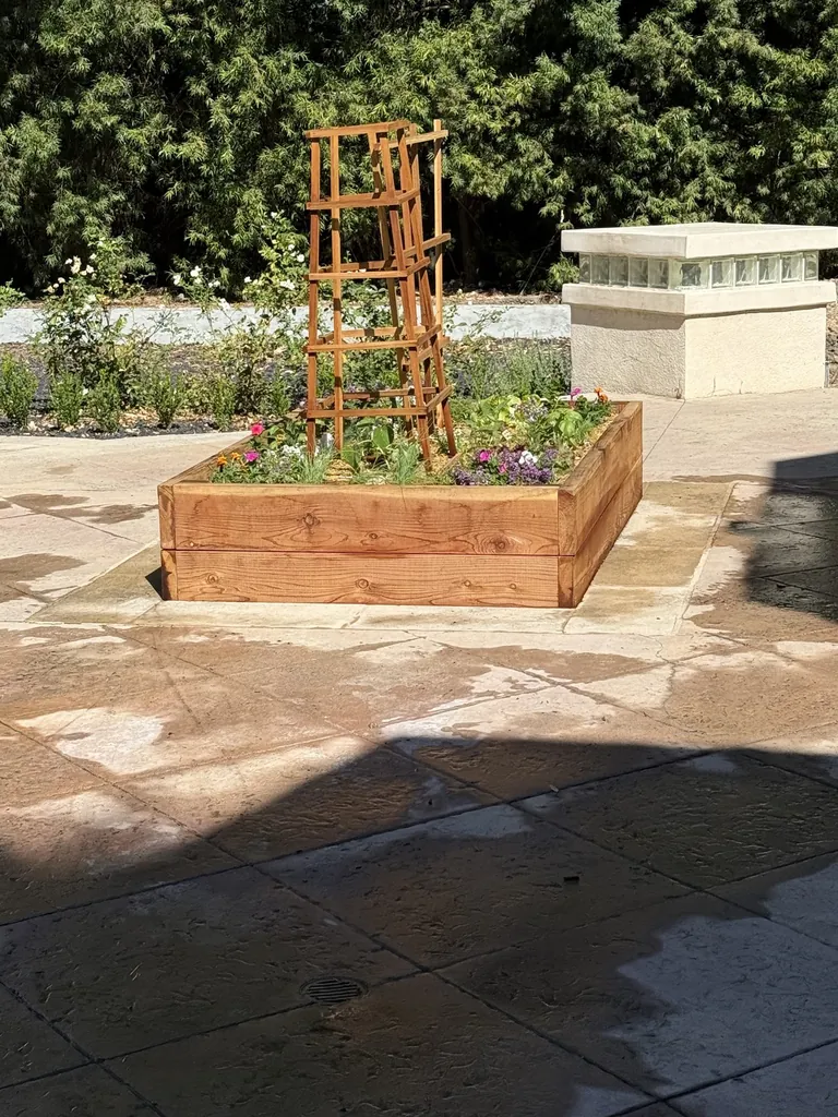 Cedar raised kitchen garden bed with basil, lettuce, cucumbers, and trellis